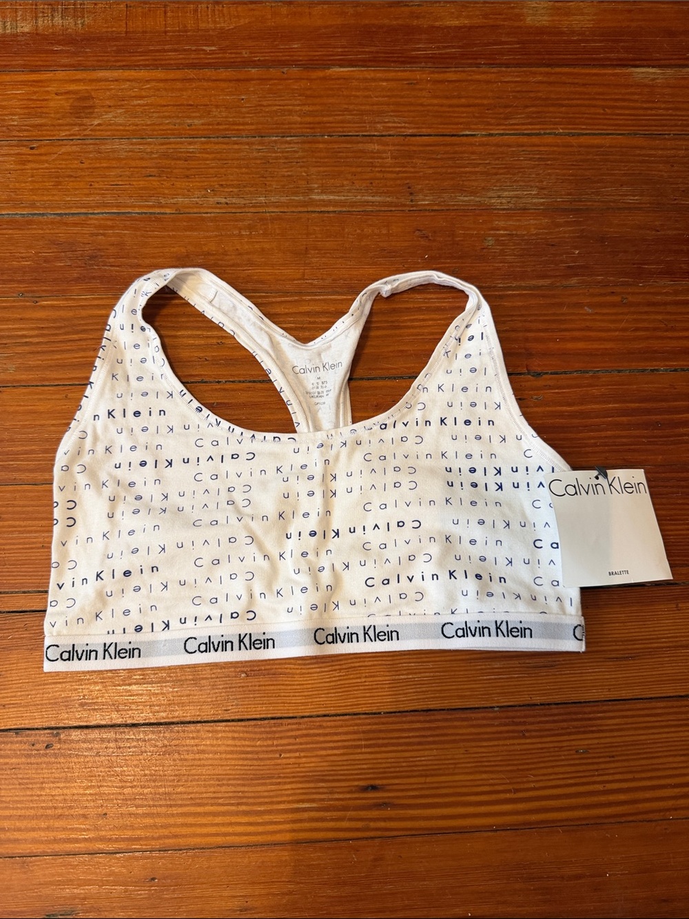 NWT Calvin Klein White Bralette with Black Logo Print size medium